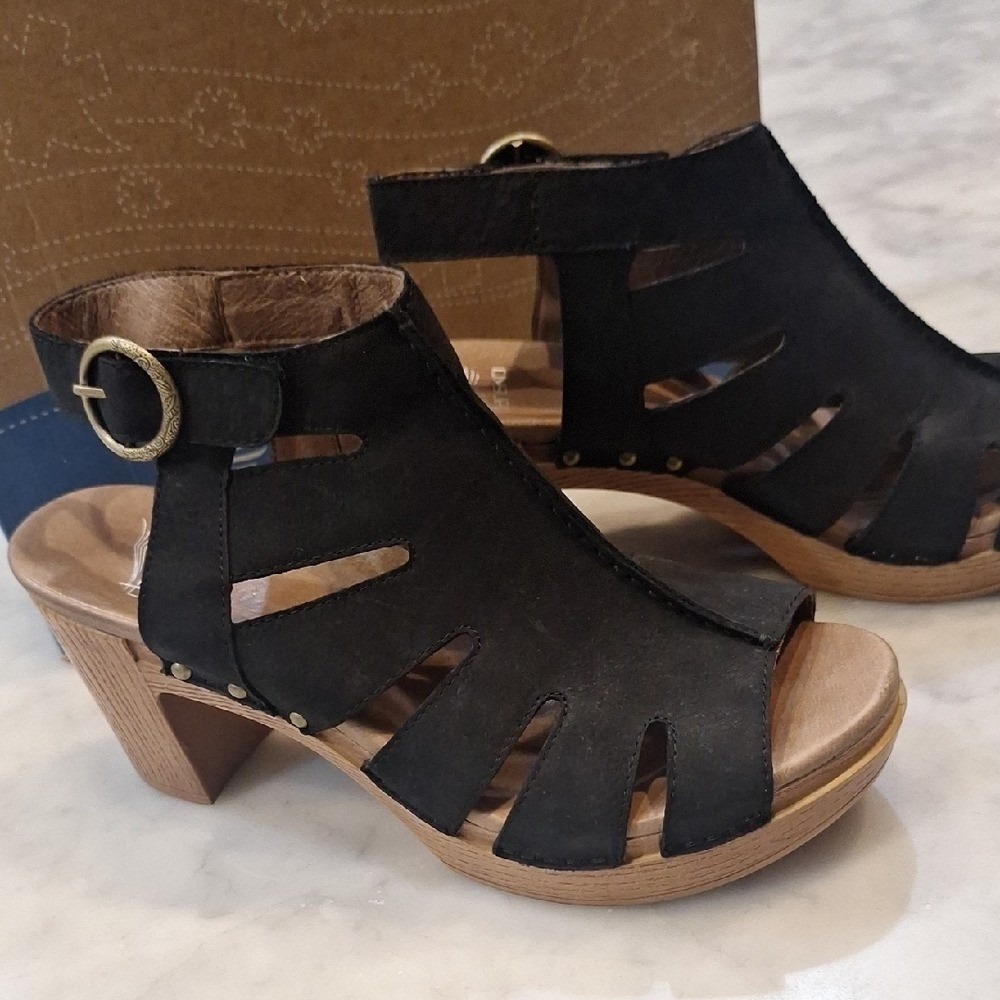 Dansko Demetra Black Nubuck Heeled Sandal PeepToe Bootie Sz 40= 9/9.5 Mules Boho - Picture 1 of 7